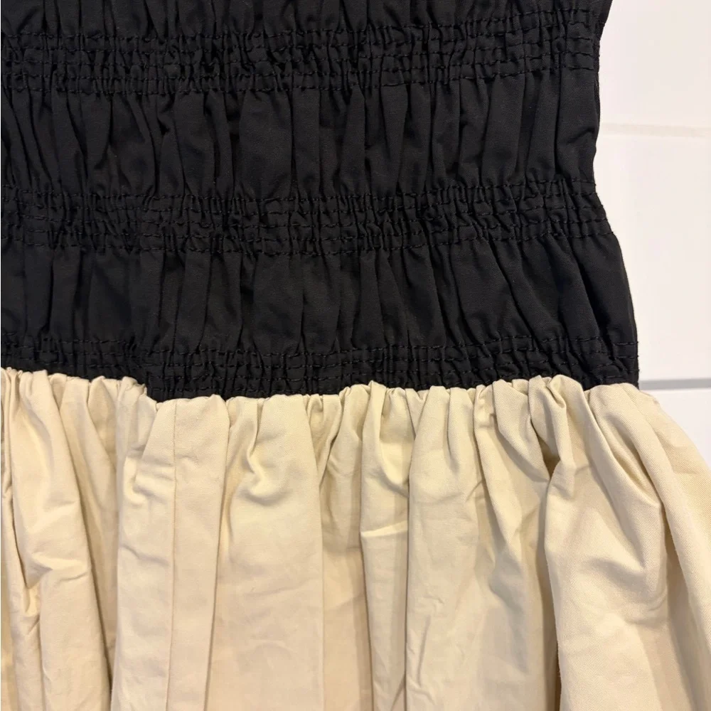 DISSH Black Smocked Strapless Mini Dress with Cream Skirt